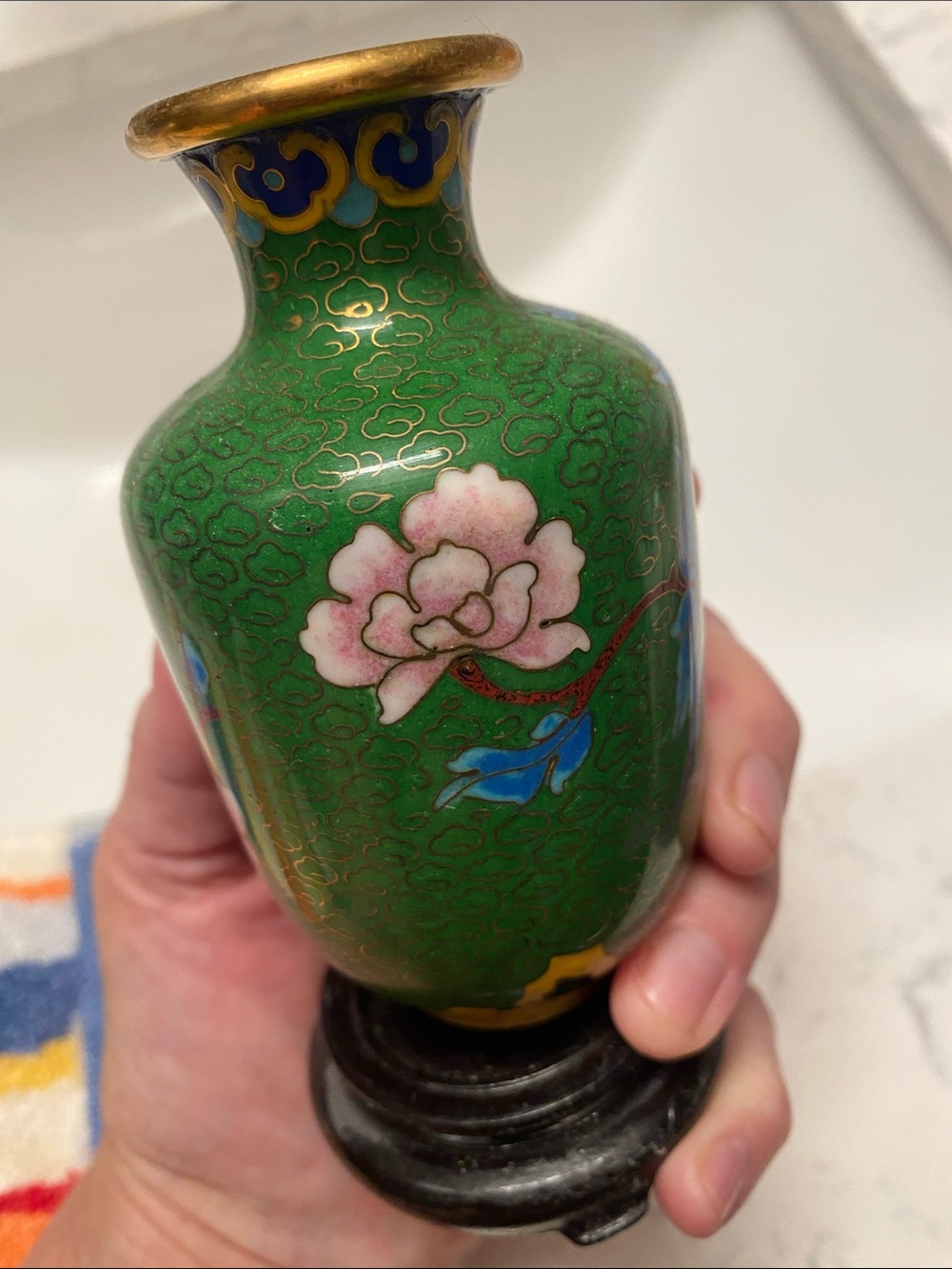 Green Cloisonné Floral Accent mini 4 inches Vase Vintage w/ base